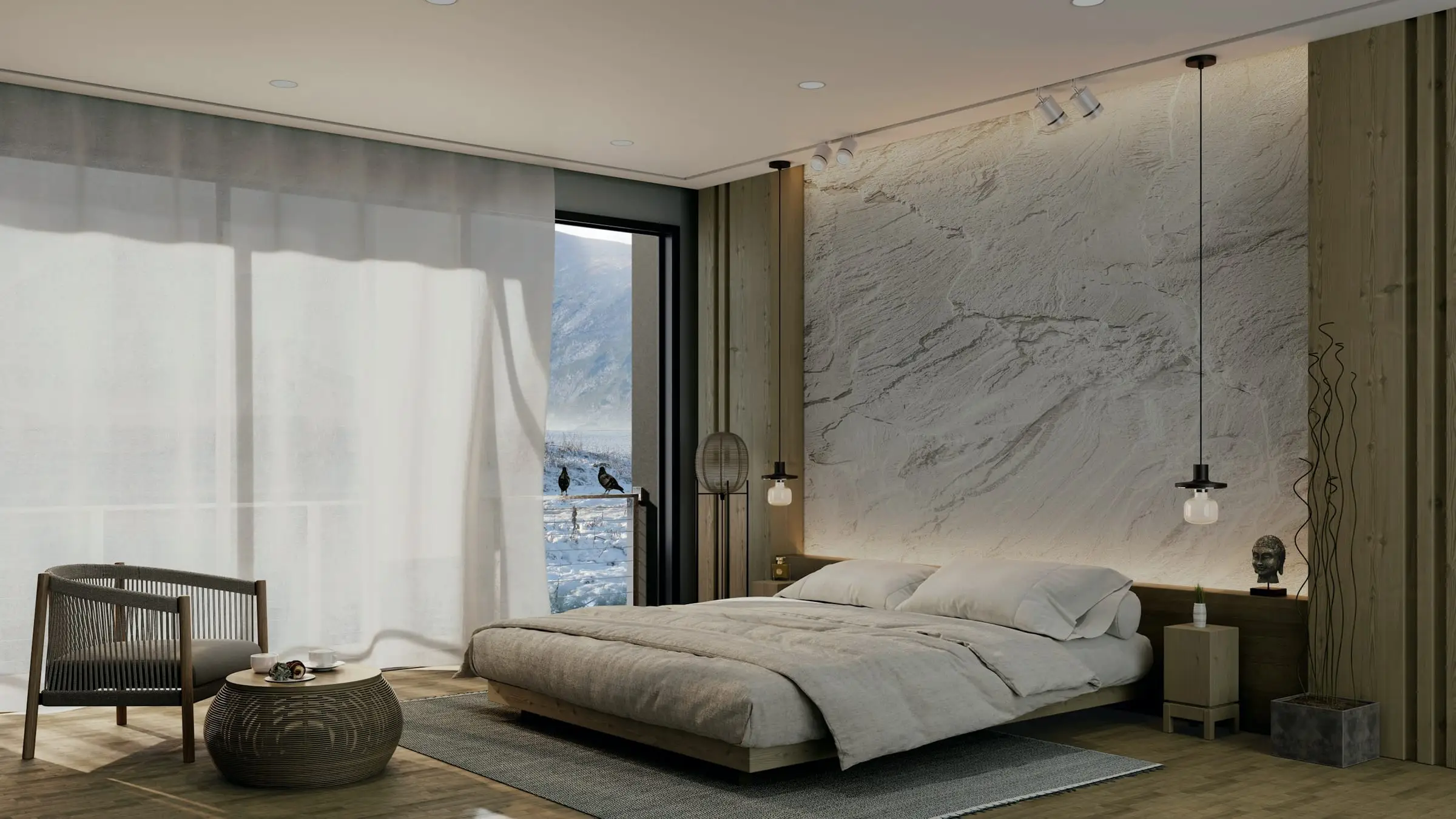 Dormitorio sereno con pared de piedra veteada, cama baja y cortinas claras.